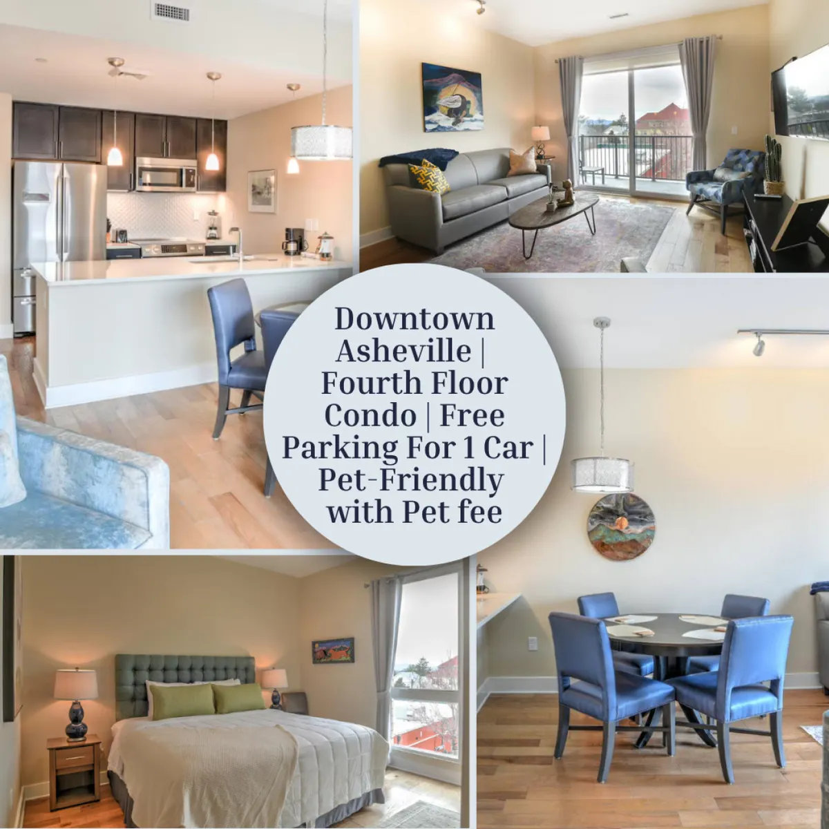 The image showcases a stylish, open-concept living space with a modern kitchen, comfortable seating area, inviting dining table, and a glimpse of the bedroom. Natural light fills the room, creating a warm and welcoming atmosphere—perfect for relaxing, entertaining, or sharing meals. The setup hints at a balcony view ideal for sunset watching, and the décor suggests a pet-friendly, homey vibe.